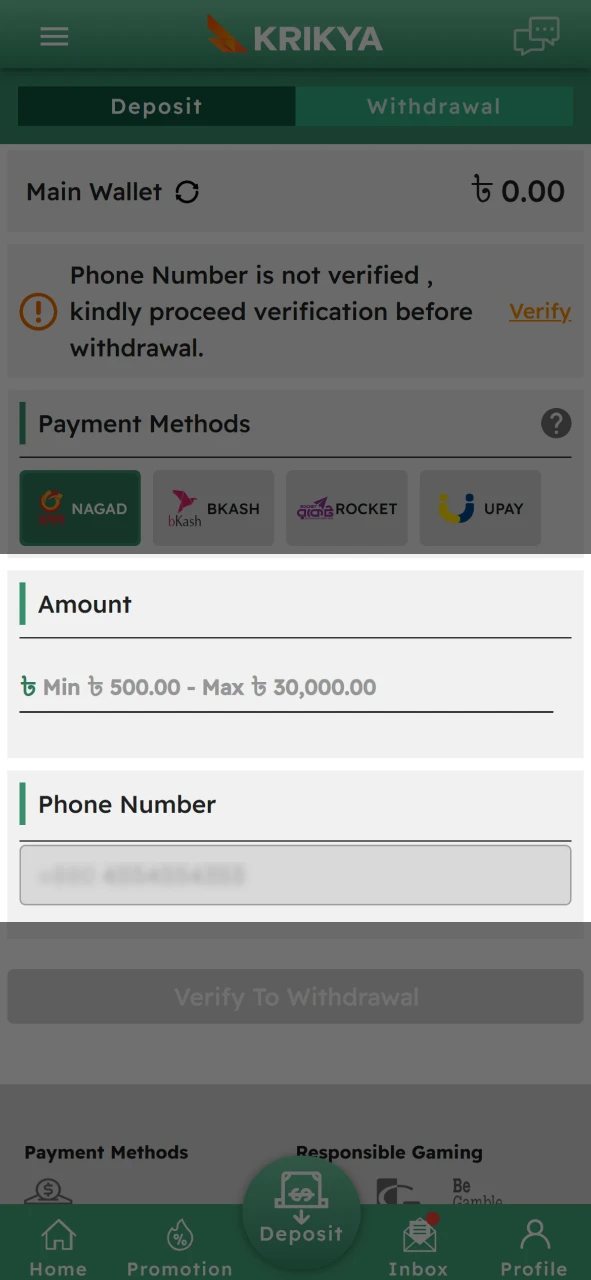 Fill out all of the fields for proceed in withdrawal process.