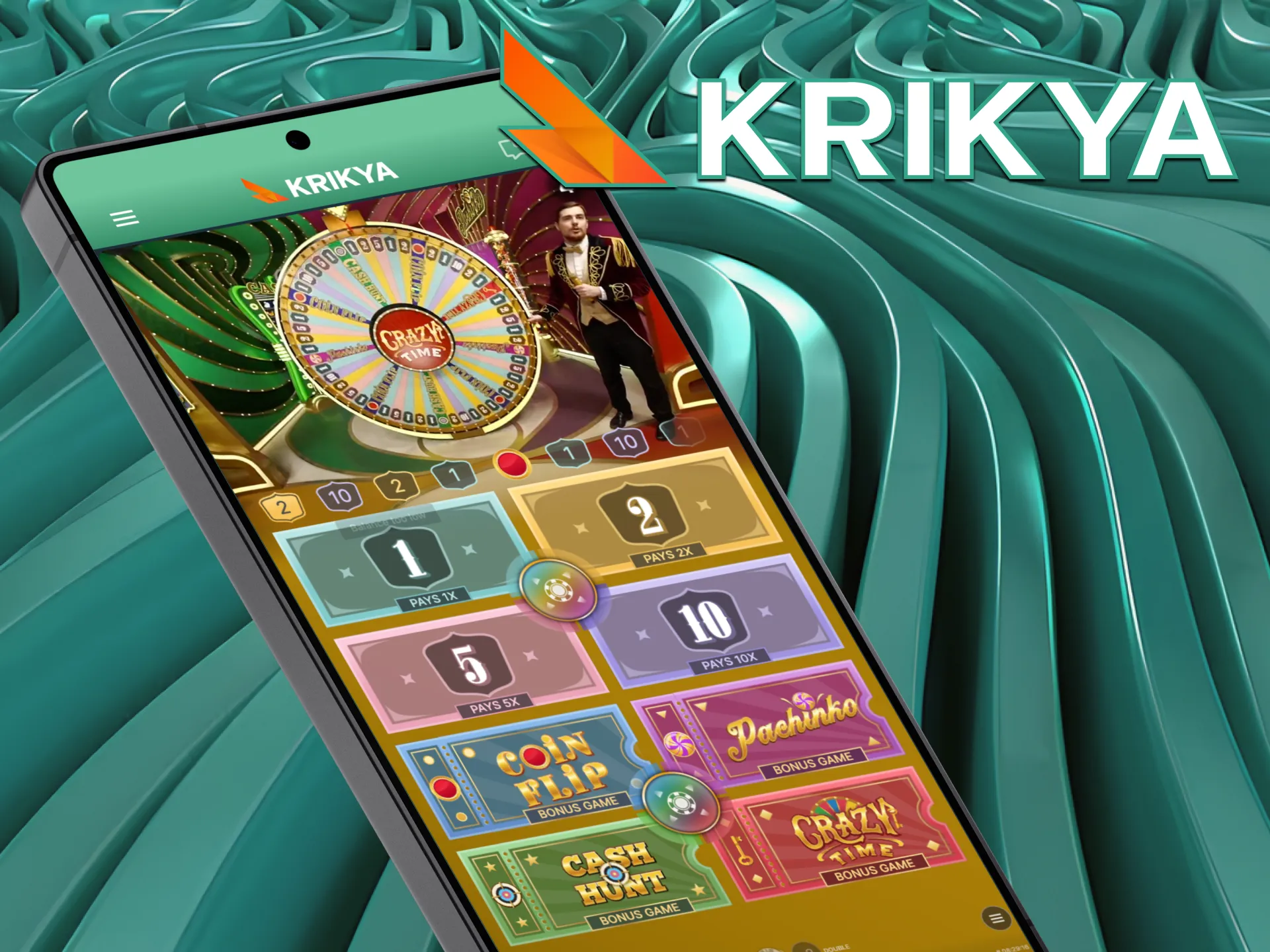 Experience the thrill on the go and play Crazy Time on a smartphone with the Krikya app, optimized for seamless mobile streaming.