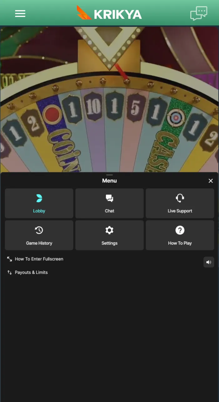 Navigate the Krikya Crazy Time game menu to view your betting history, live stats, and available promotions.