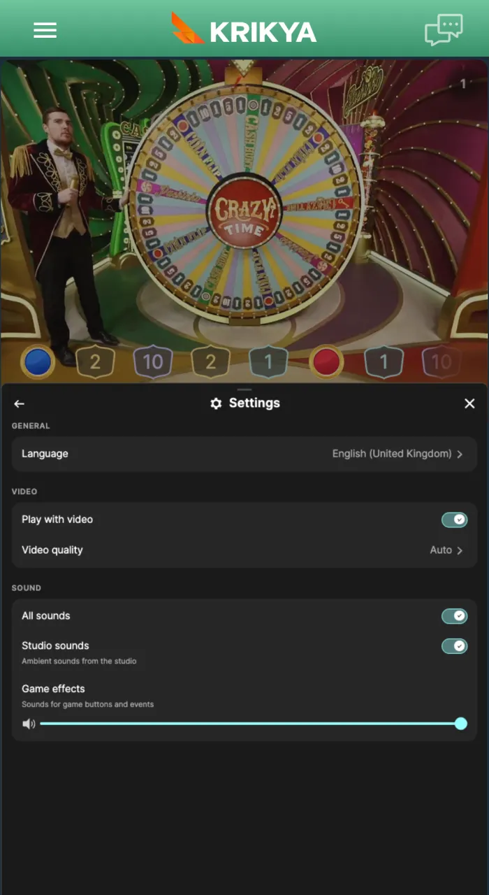 Customize your experience with the official Crazy Time interface settings, including video quality and sound controls.